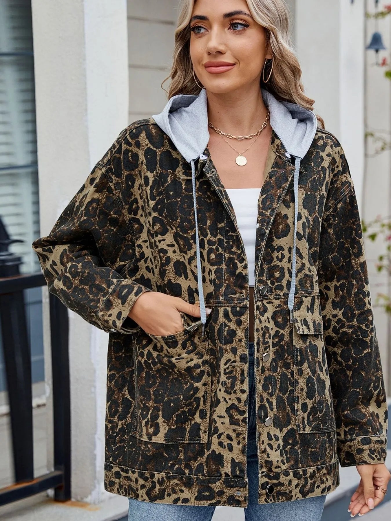 Oversized Button Up Denim Jacket with Hood 