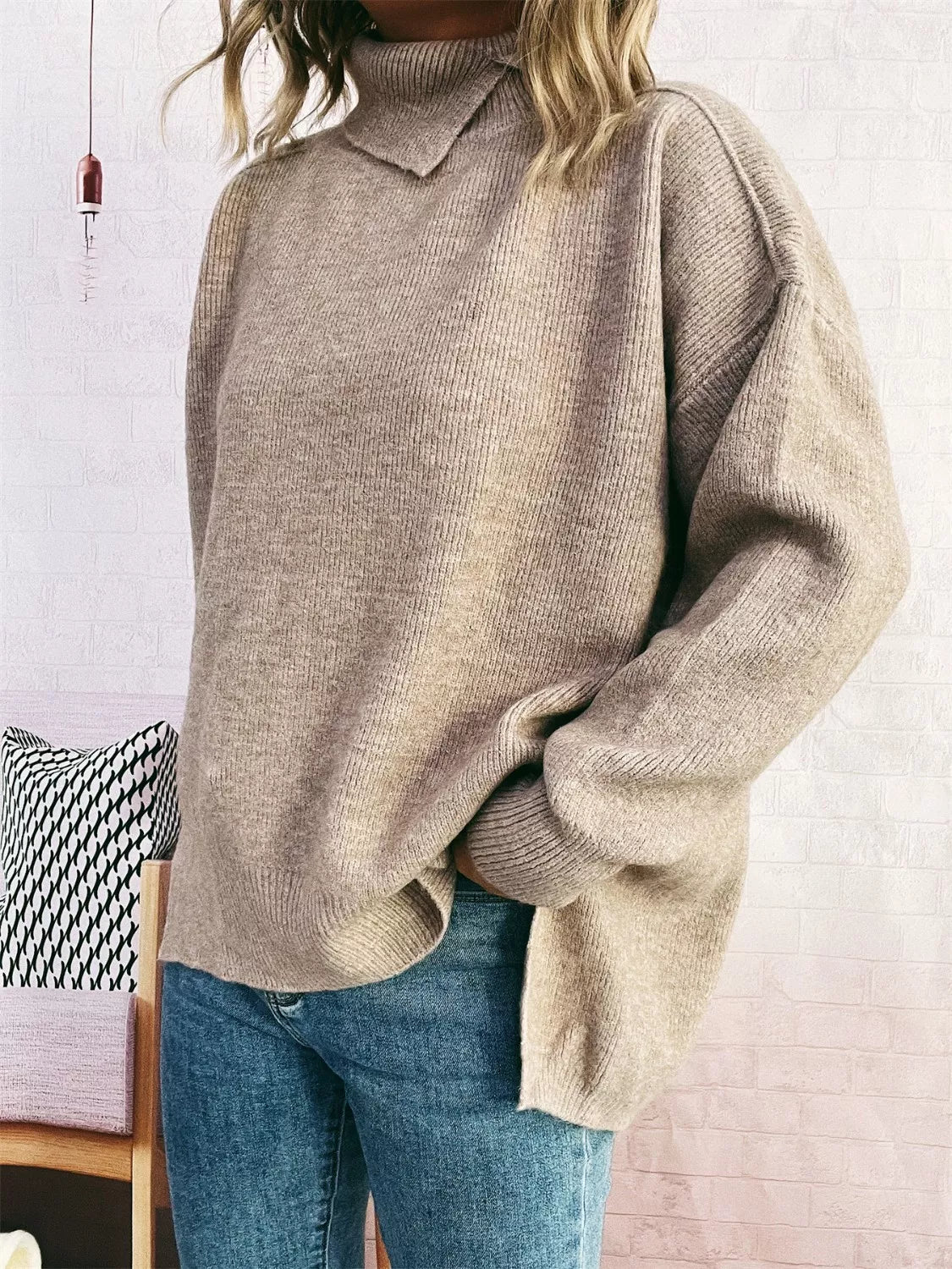 Slit Turtleneck Long Sleeve Sweater 
