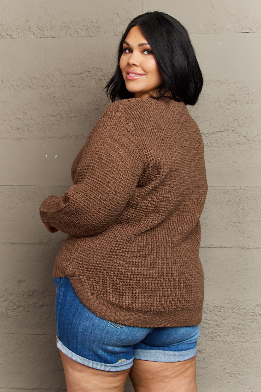 Zenana Breezy Days Plus Size High Low Waffle Knit Sweater 