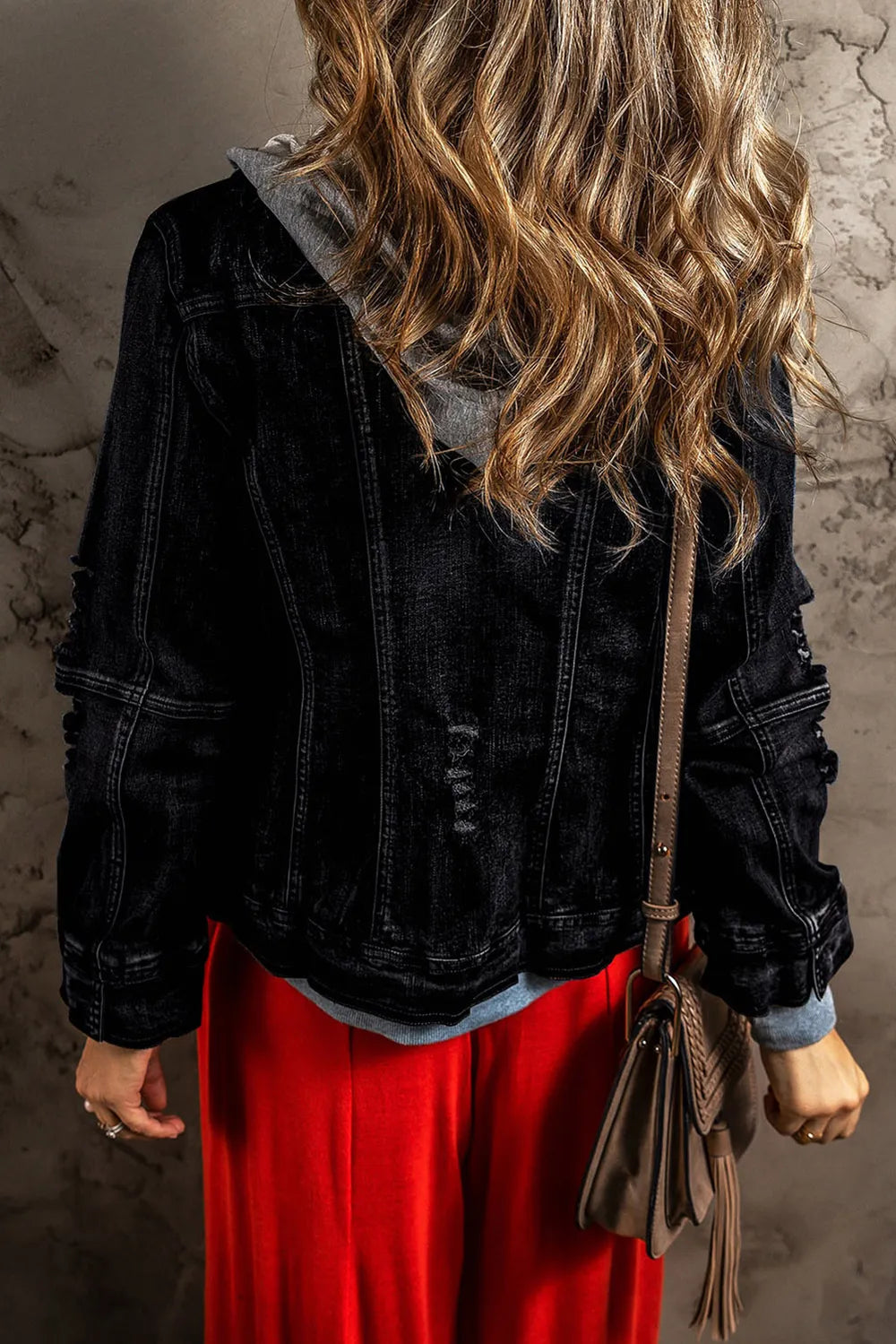 Fake Two-Piece Hooded Zip-Up Denim Jacket 