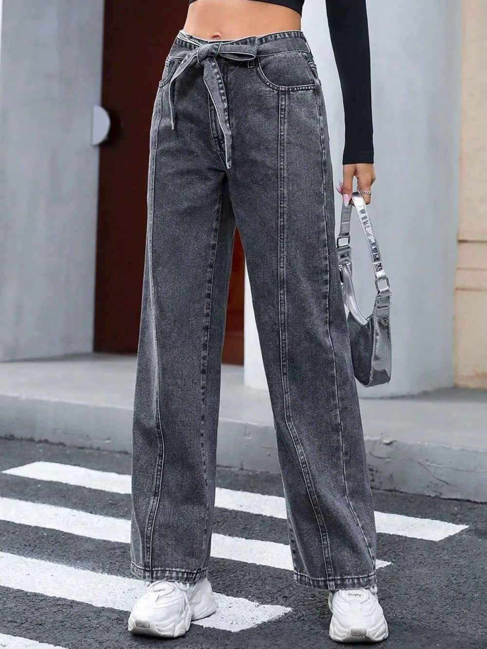 Tied Straight Leg Jeans with Pockets 