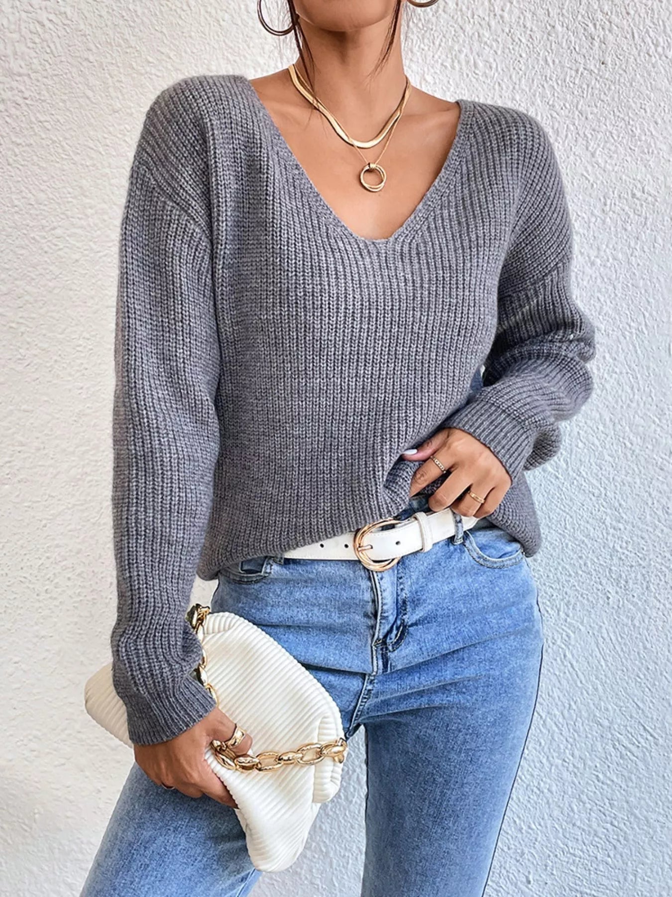 Lace-Trimmed Back V-Neck Sweater 