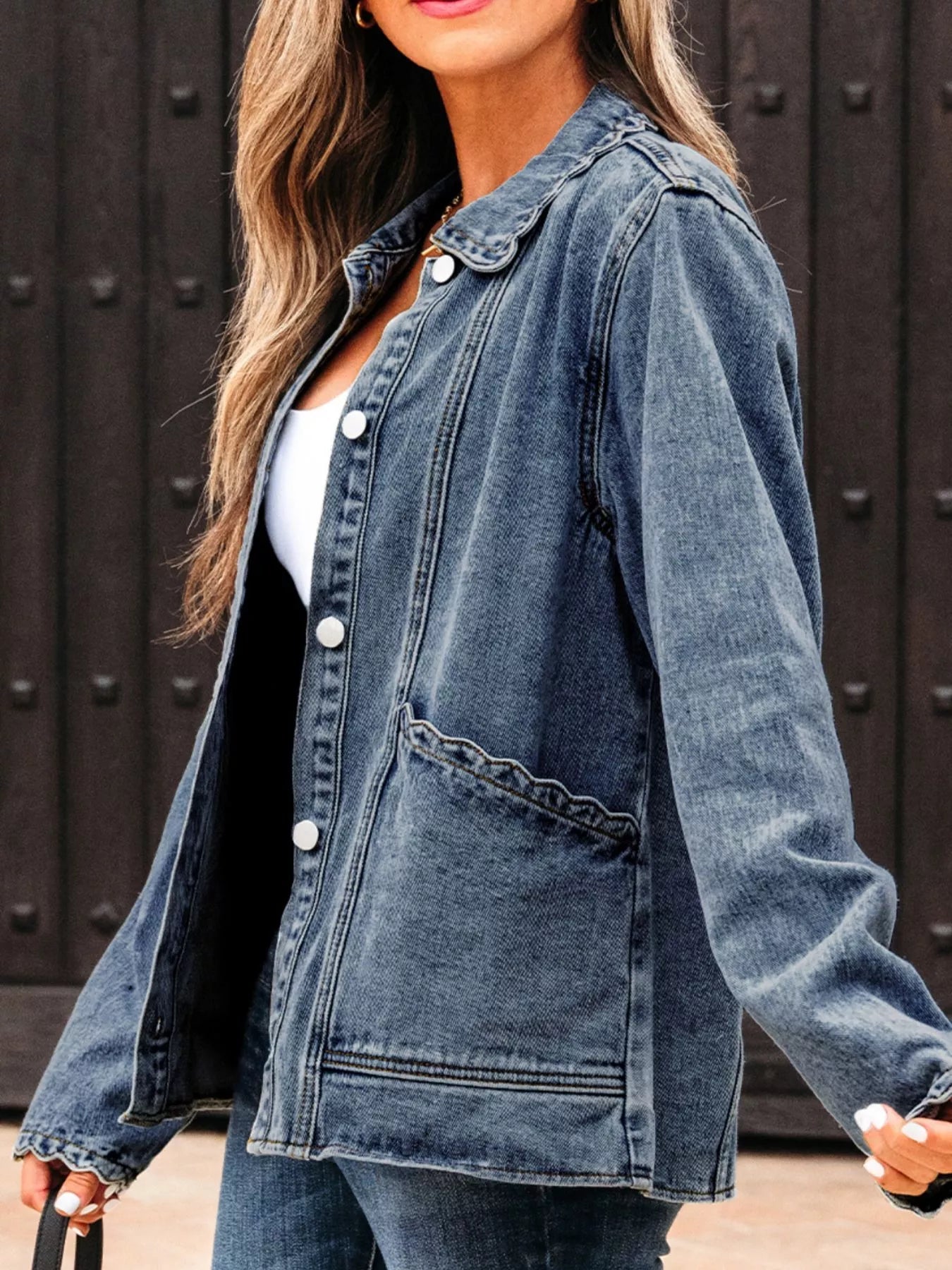 Scallop Trim Collar Patched Pocket Button Up Denim Jacket 