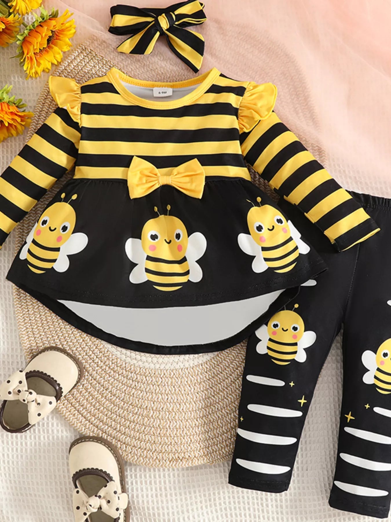 Children's Ladybug Print Ruffle Trim Top and Pants Set 