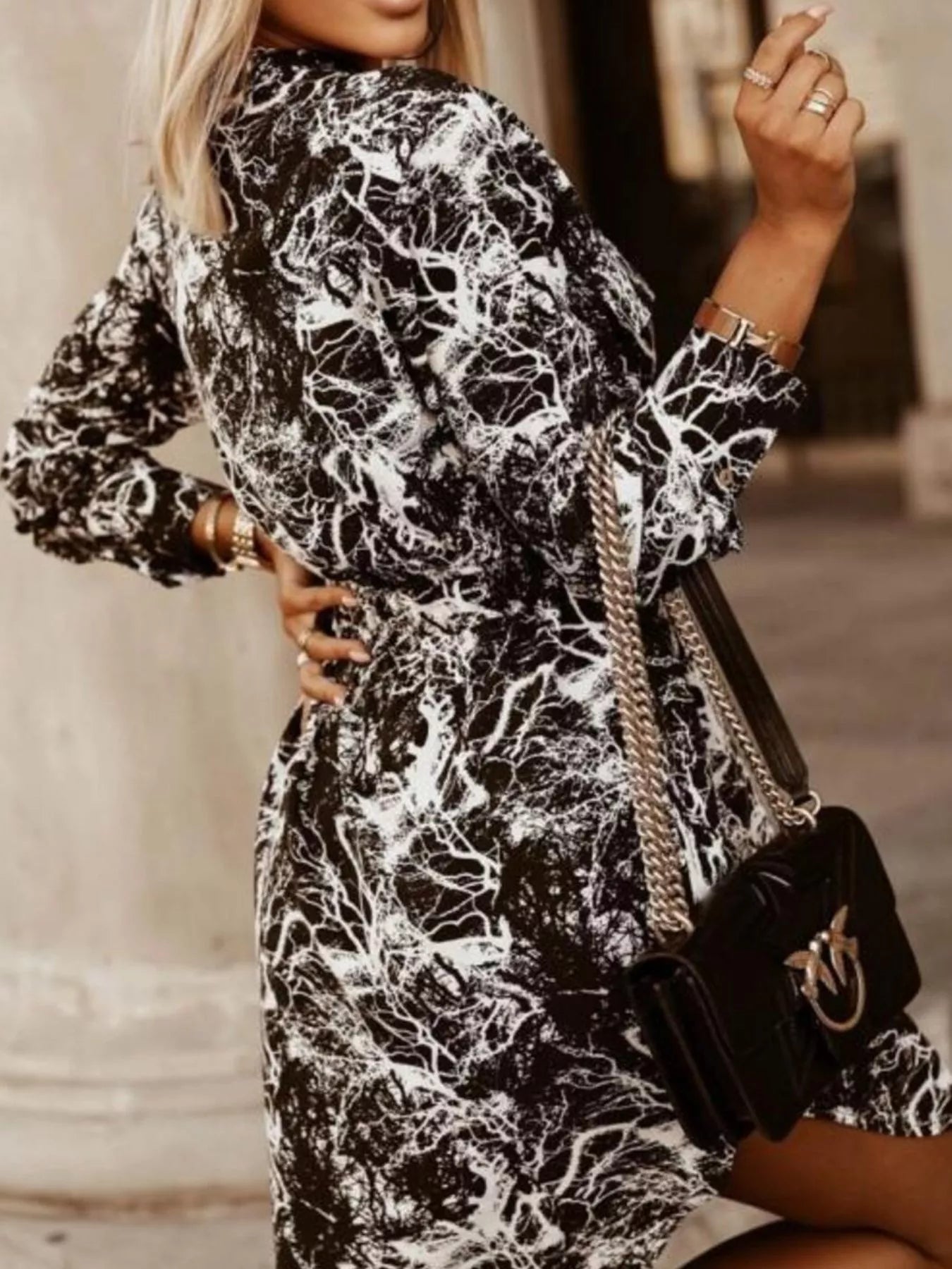 Printed Button Front Long Sleeve Dress 