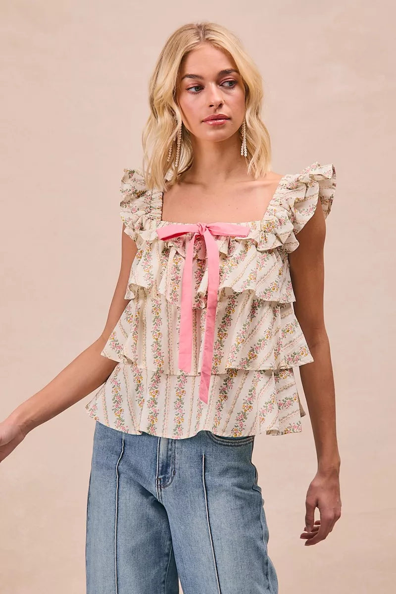 BiBi Floral Printed Woven Front Bow Tied Ruffled Square Neck Sleeveless Top 