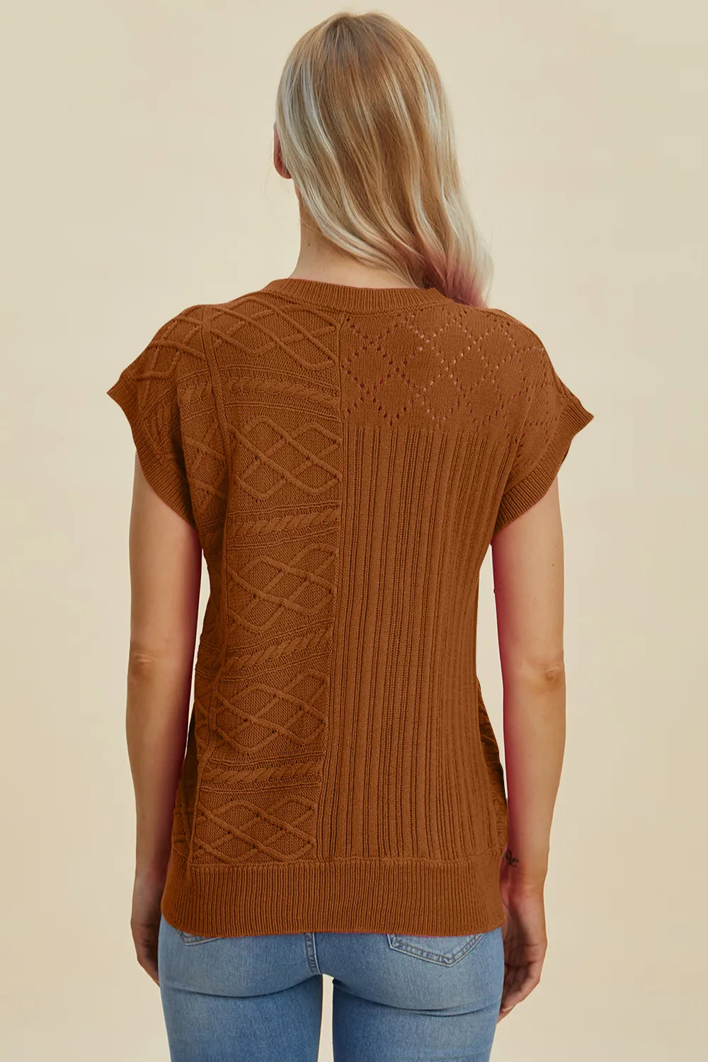 Double Take Full Size Cable-Knit Round Neck Cap Sleeve Sweater 