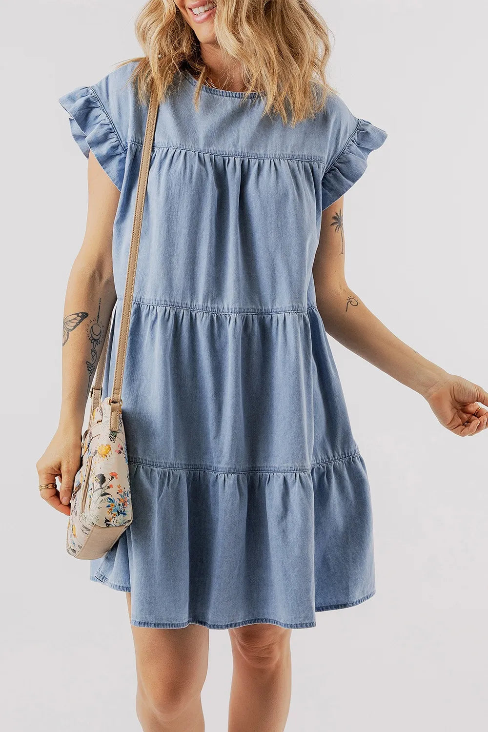 Ruffle Cap Sleeve Tiered A-line Denim Dress 