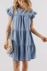 Ruffle Cap Sleeve Tiered A-line Denim Dress 