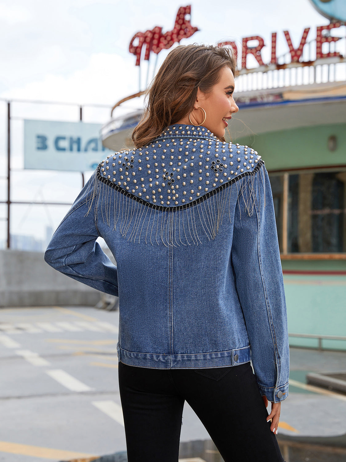 Studded Fringe Button Down Denim Jacket 