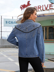 Studded Fringe Button Down Denim Jacket 