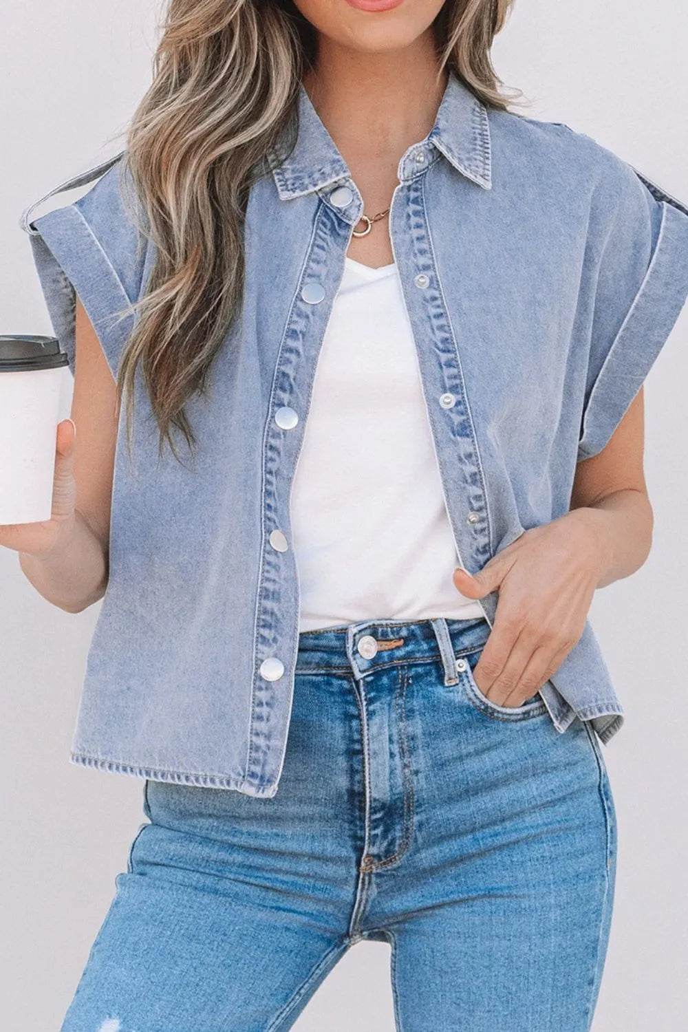 Snap Down Cap Sleeve Denim Top 