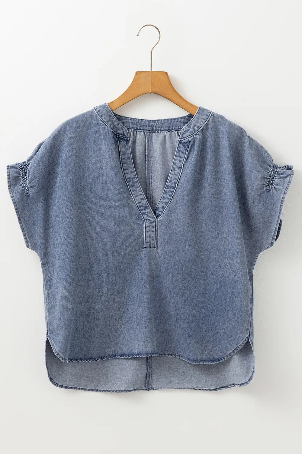 V Neck Ruffled Short Puff Sleeve Denim Top 