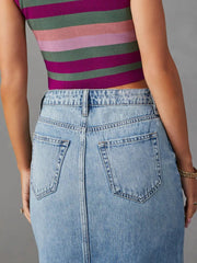 Raw Hem Front Slit Denim Midi Skirt 