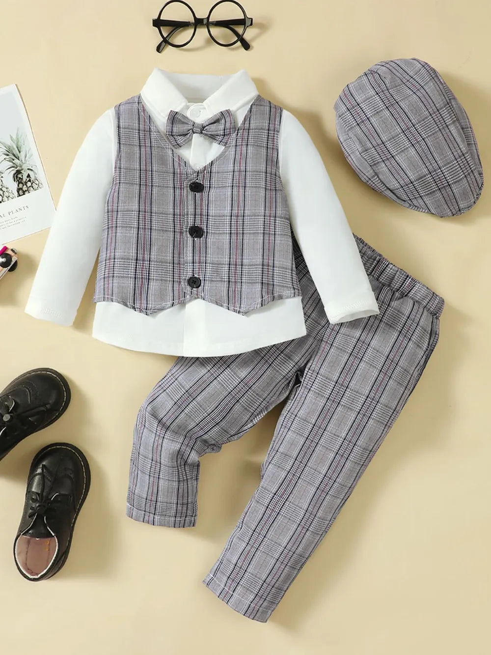 Hat, Long Sleeve Shirt, Plaid Vest and Pants 4-Piece Set 