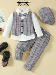 Hat, Long Sleeve Shirt, Plaid Vest and Pants 4-Piece Set 