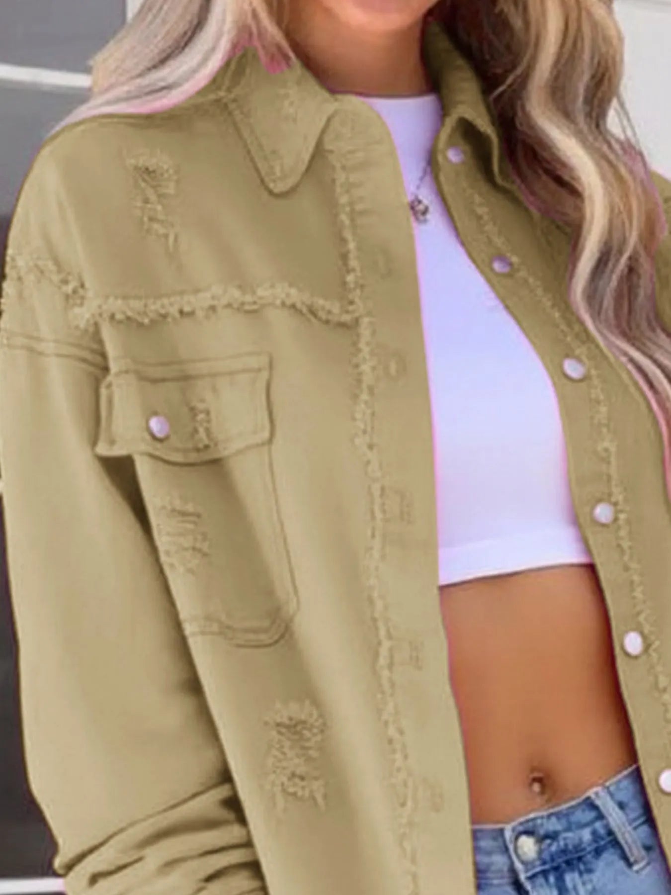 Distressed Denim Jacket with Frayed Edges 