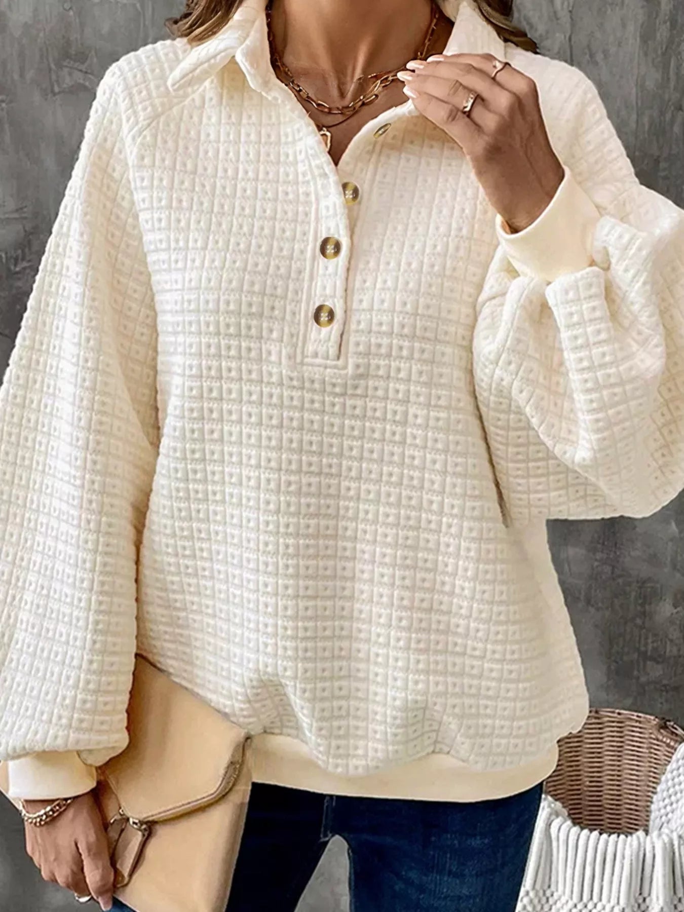 Textured Half Button Collared Sweatshirt 