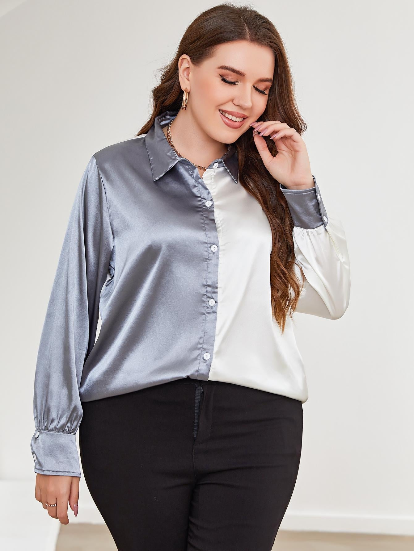 Plus Size Two-Tone Long Sleeve Shirt 