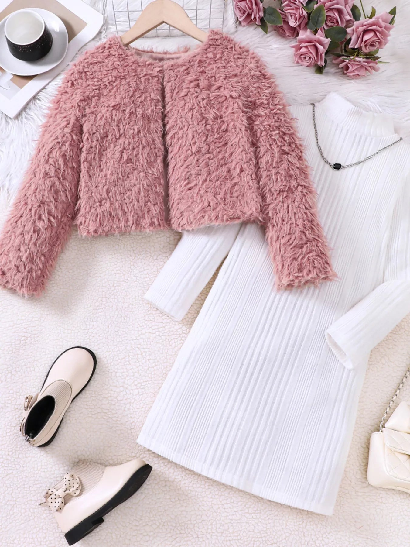 Children's Faux Fur Jacket & Ribbed Dress Set 