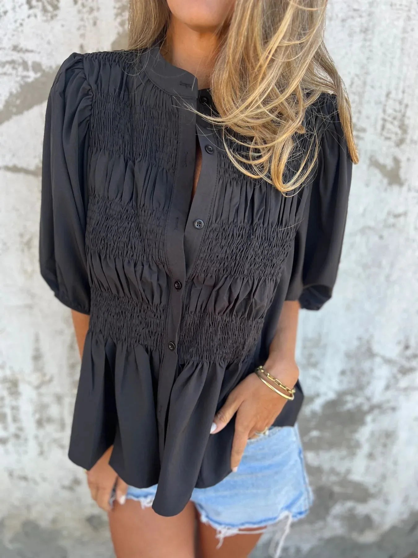 Full Size Smocked Button Front Puff Sleeve Shirt Plus Size 