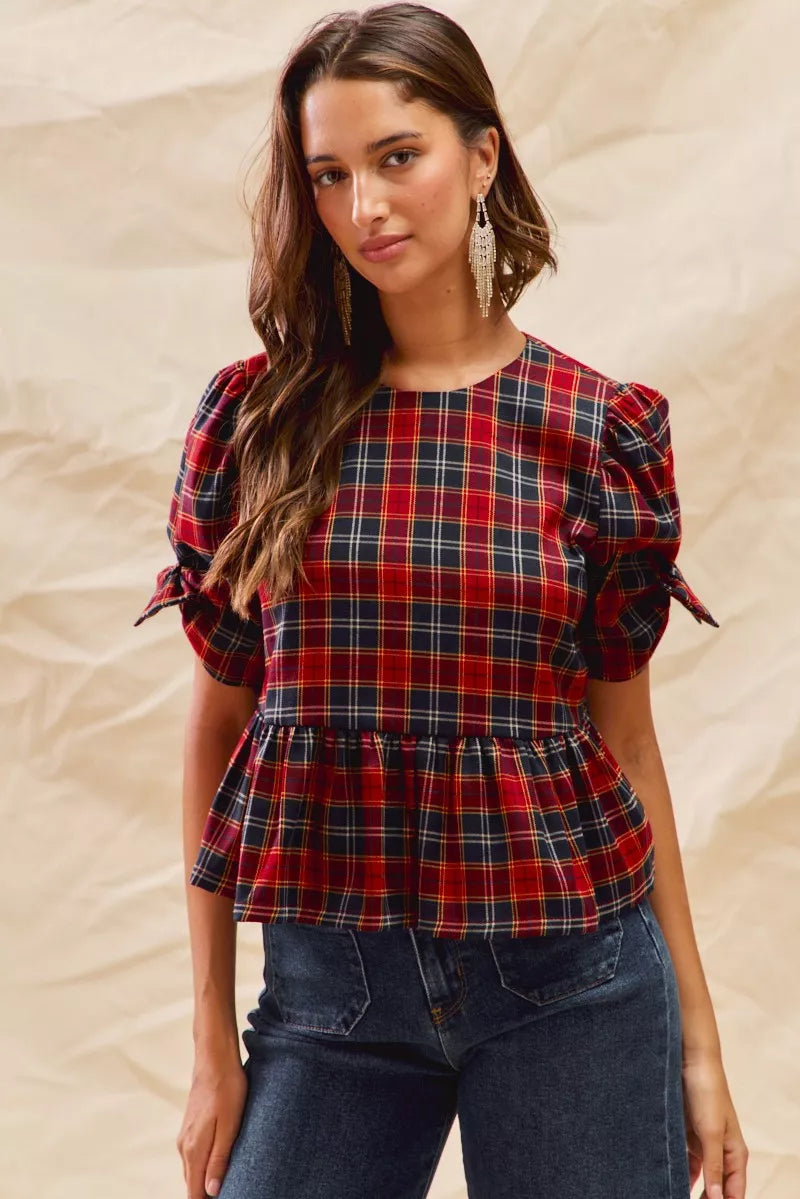 SO ME Christmas Holiday Plaid Ribbon Short Sleeves Top 