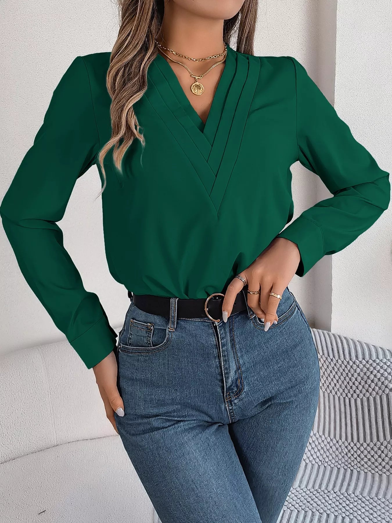 Layered V-Neck Long Sleeve Blouse 