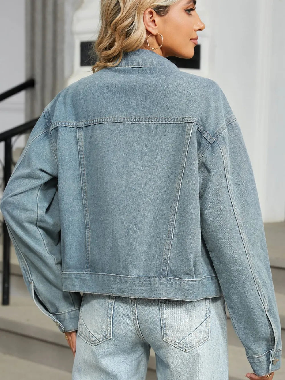 Rhinestone & Peal Trim Button Down Long Sleeve Denim Jacket 
