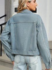 Rhinestone & Peal Trim Button Down Long Sleeve Denim Jacket 