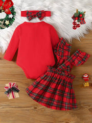 Children's First Christmas Bodysuit and Plaid Dress Outfit Set with Headband 