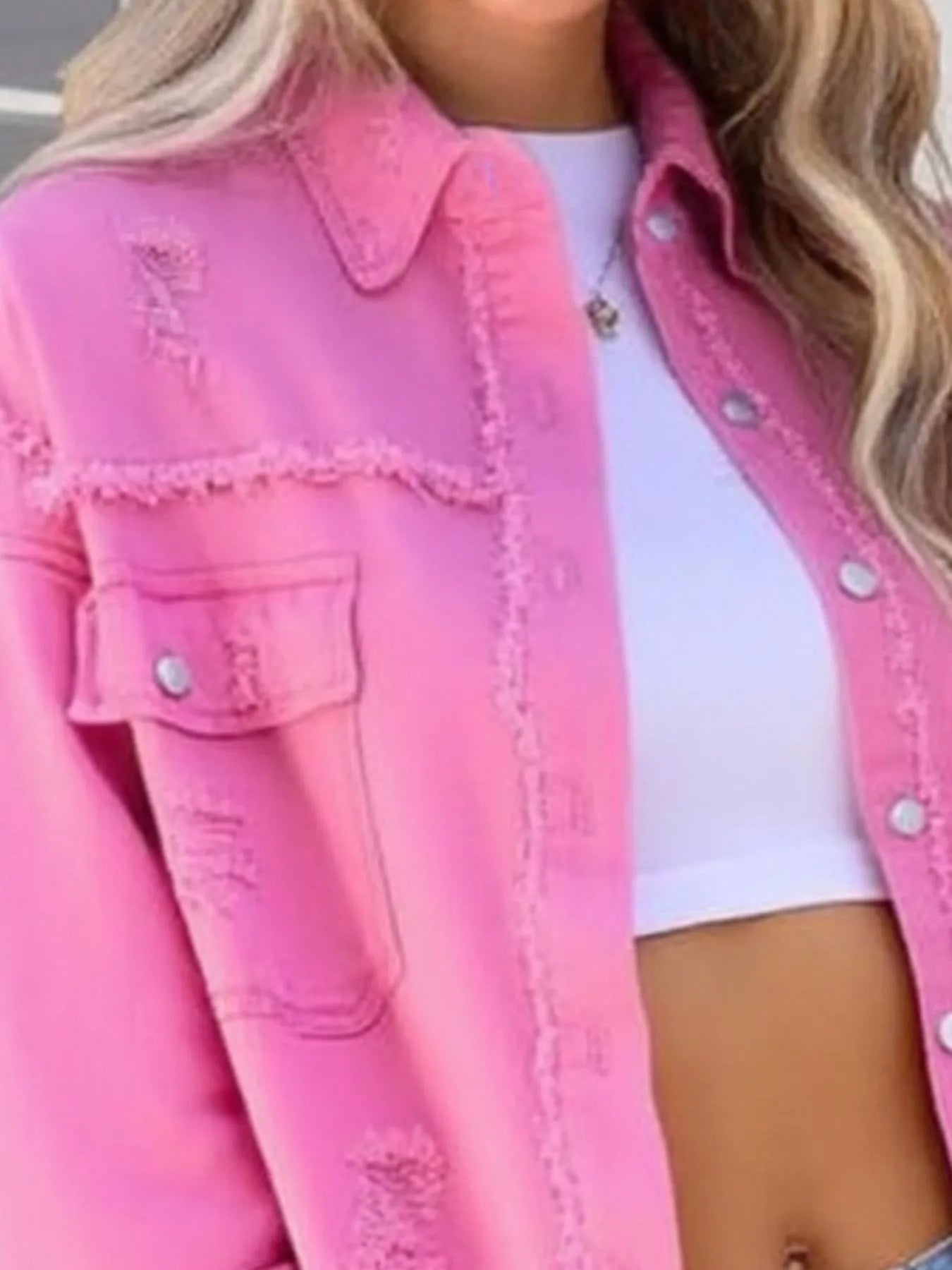 Distressed Denim Jacket with Frayed Edges 