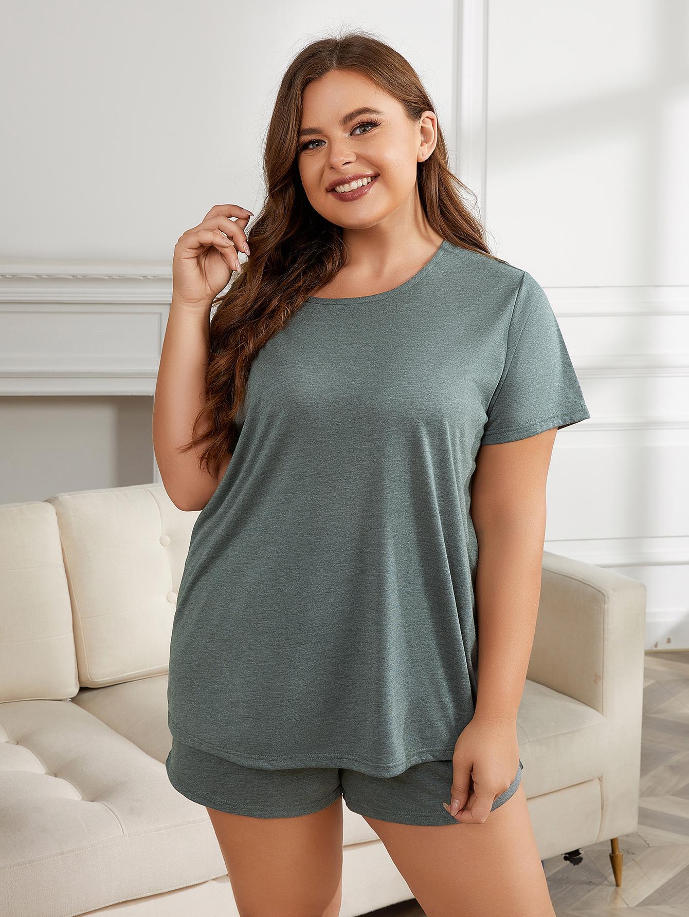 Plus Size Round Neck Short Sleeve Two-Piece Loungewear Set 