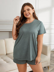 Plus Size Round Neck Short Sleeve Two-Piece Loungewear Set 