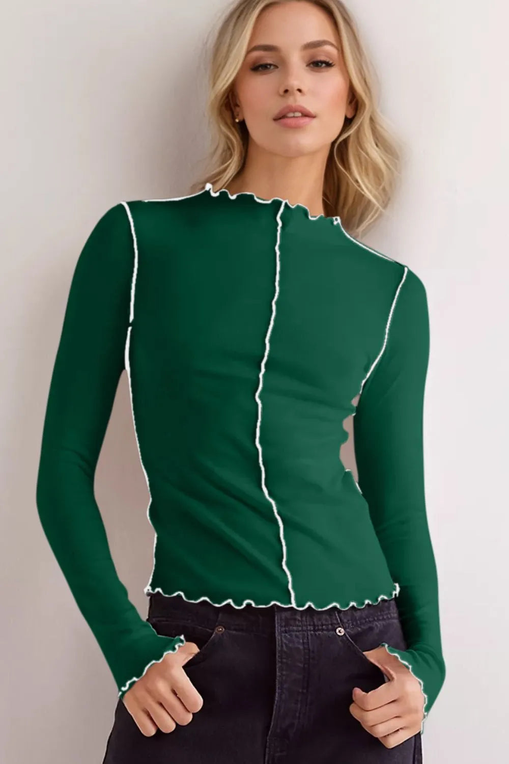 Basic Bae Contrast Trim Mock Neck Long Sleeve T-Shirt 