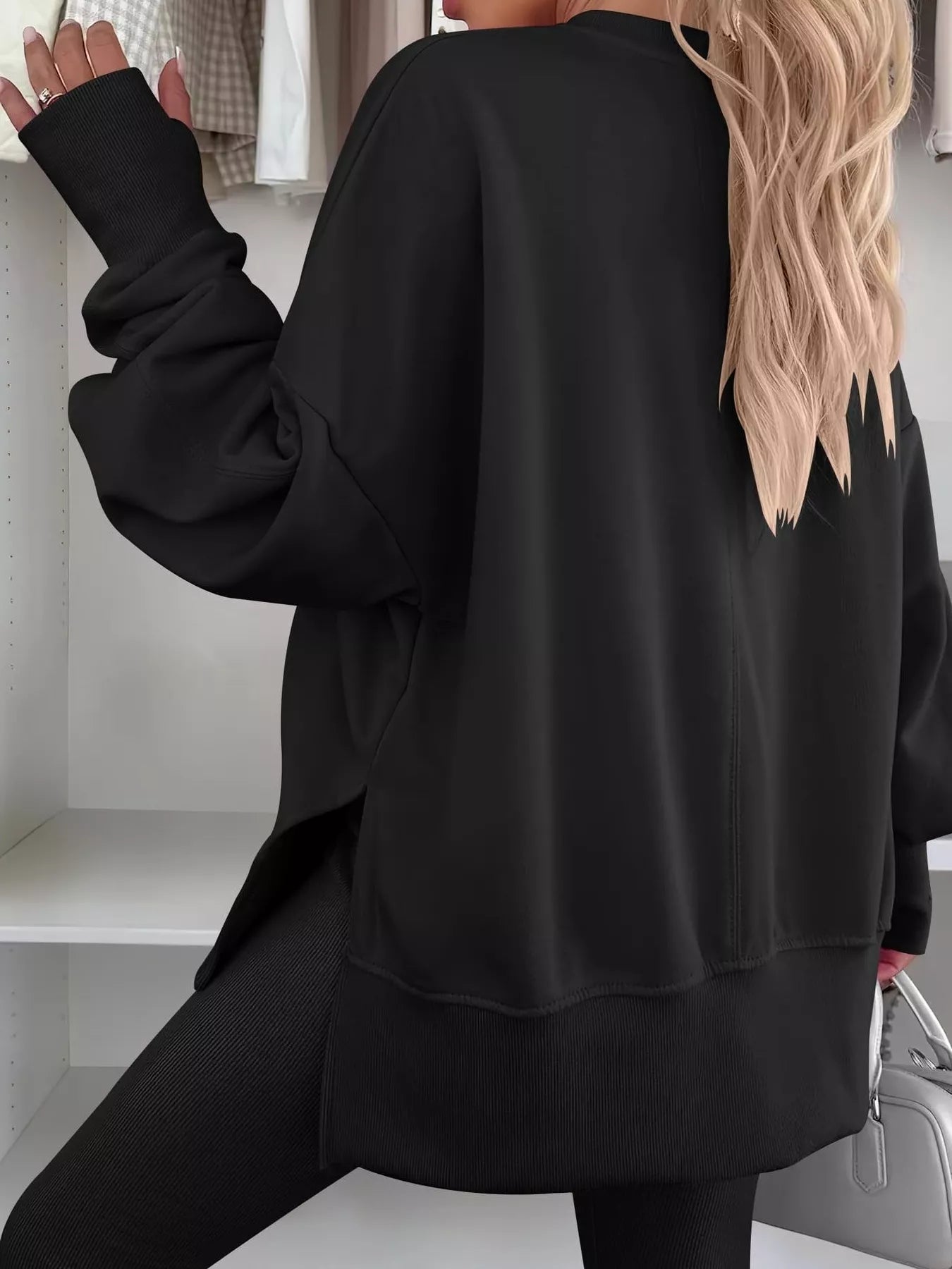 Side Slit Round Neck Long Sleeve Sweatshirt 