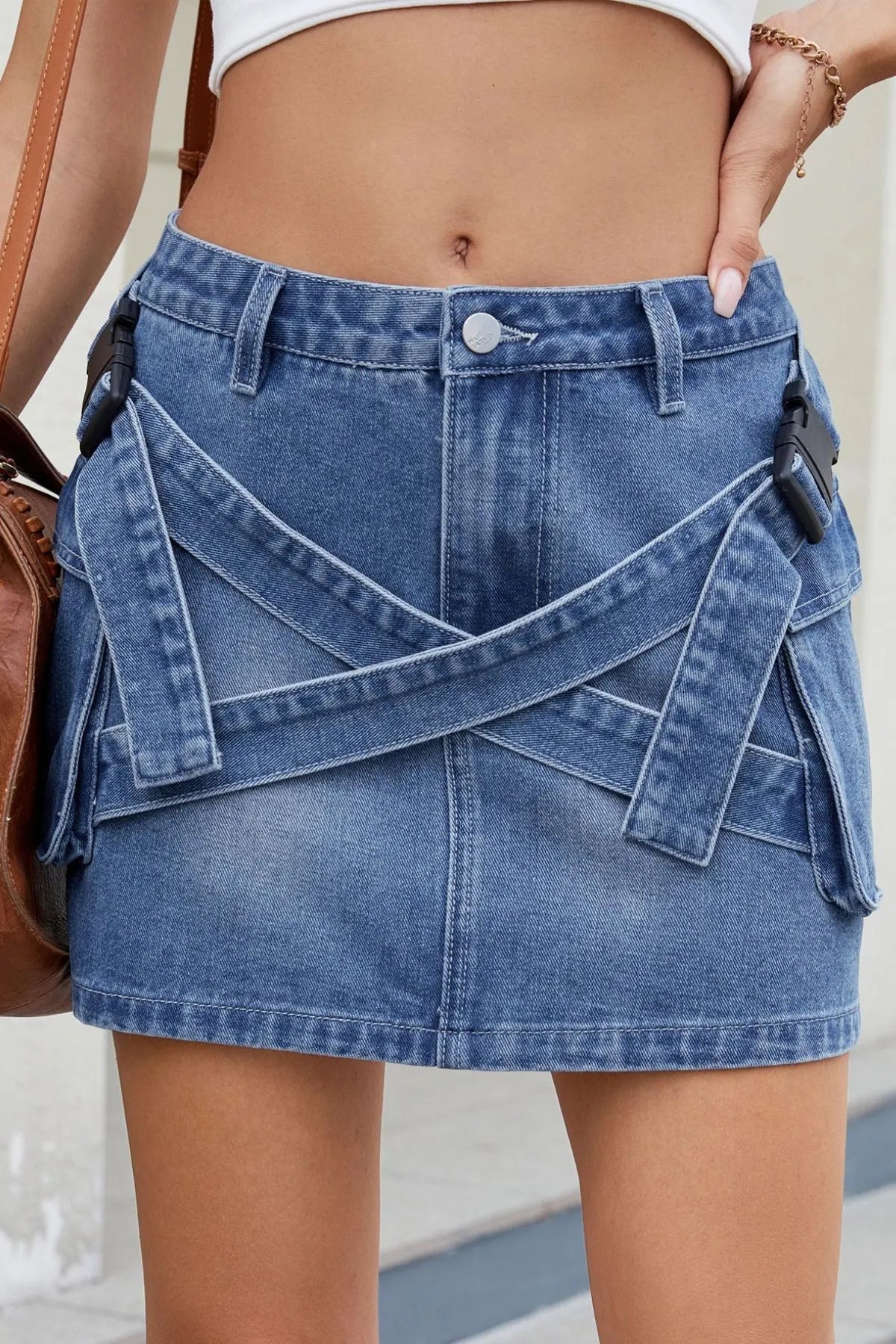 Criss-Cross Waist Detail Denim Mini Skirt 