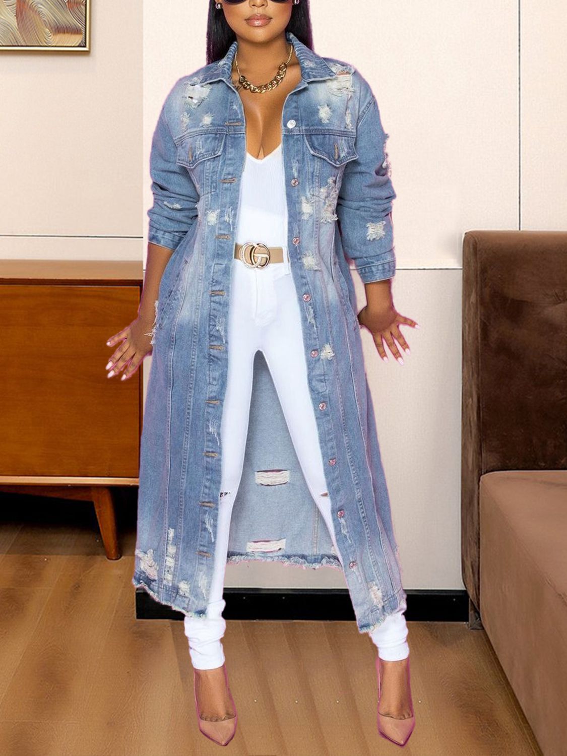 Long Sleeve Raw Hem Denim Jacket 