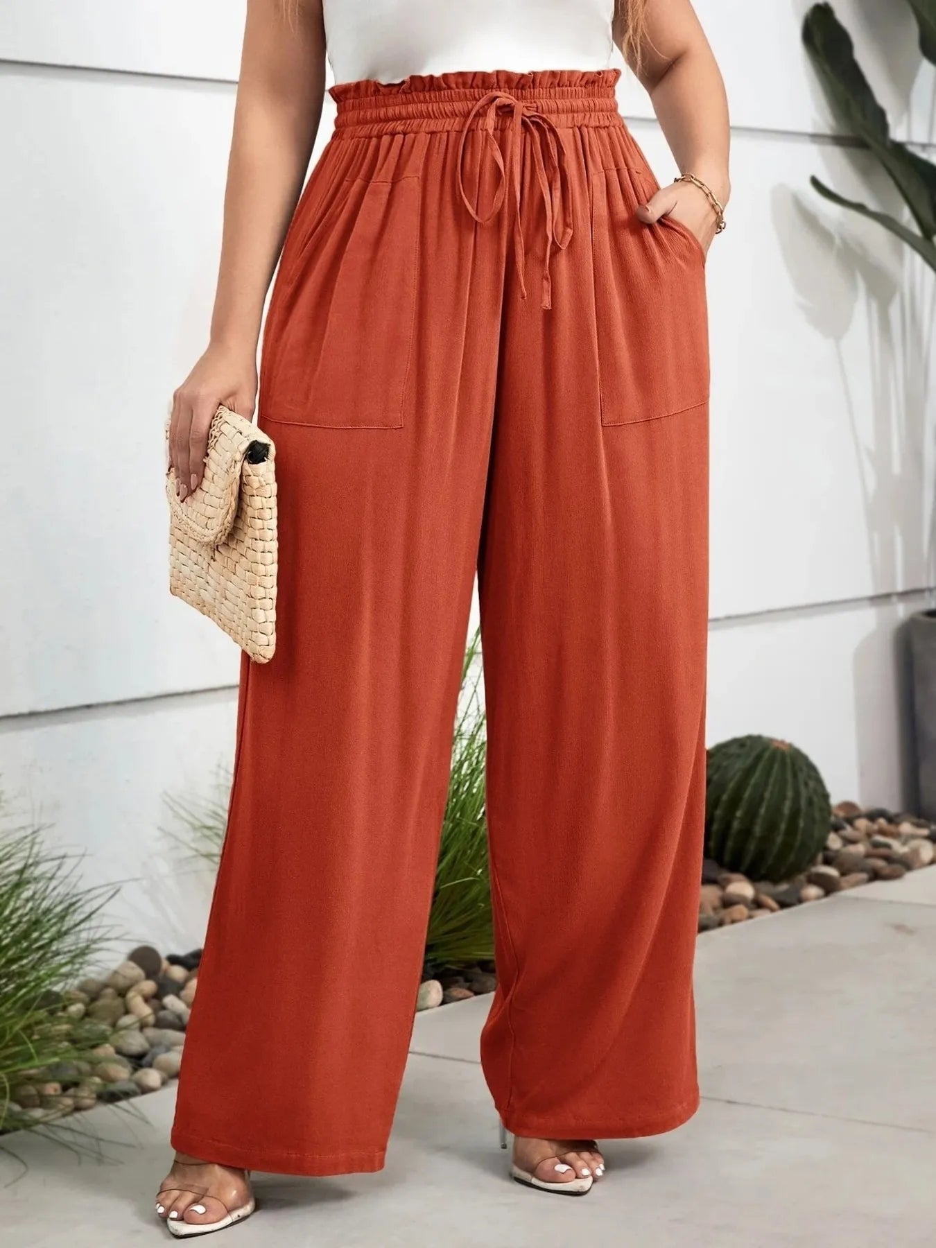 Plus Size High Waist Wide Leg Drawstring Pants 