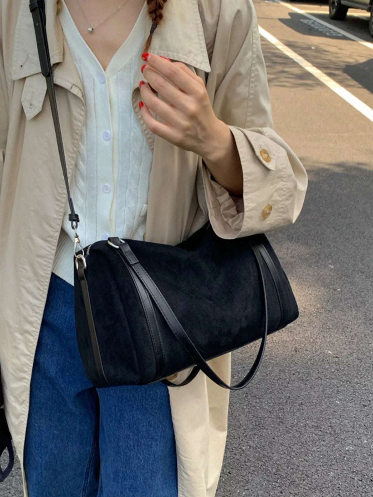 Suede Crossbody Bag with Zipper 
