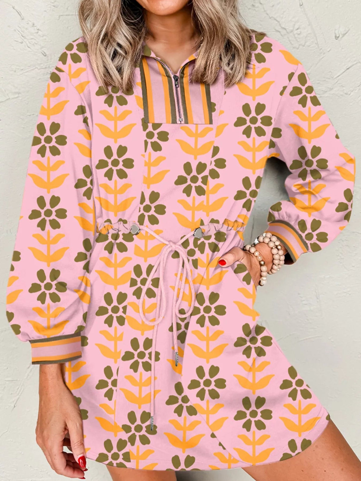 Printed Drawstring Waist Mini Dress 