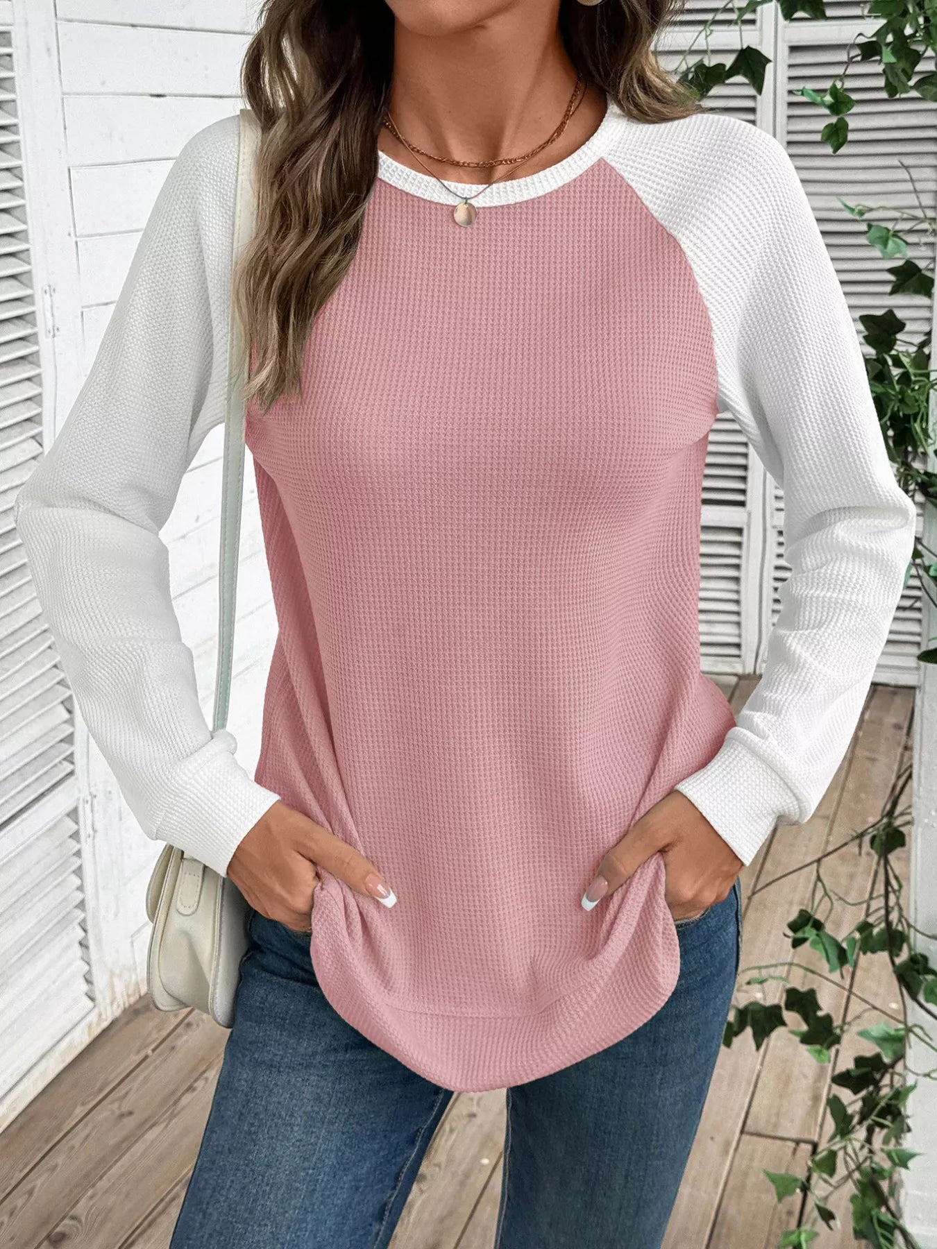 Contrast Raglan Sleeve Waffle Knit T-Shirt 