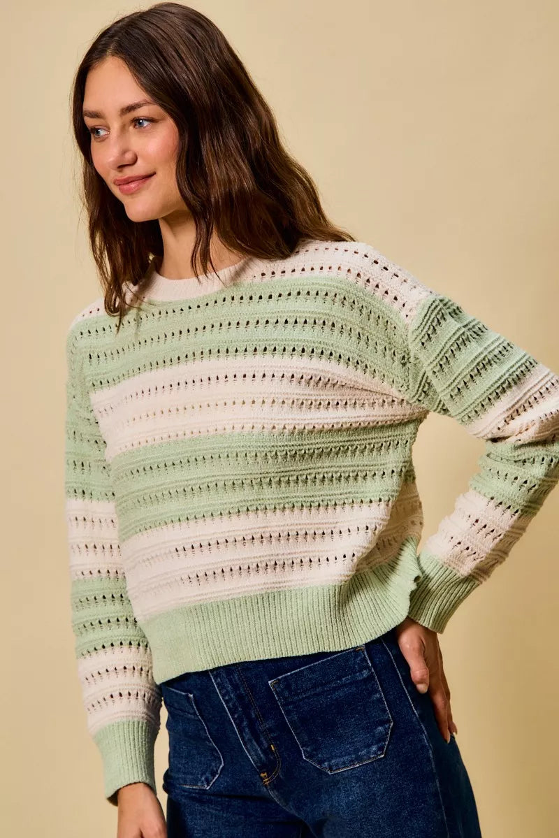 SO ME Openwork Round Neck Wide Stripe Textured Sweater 