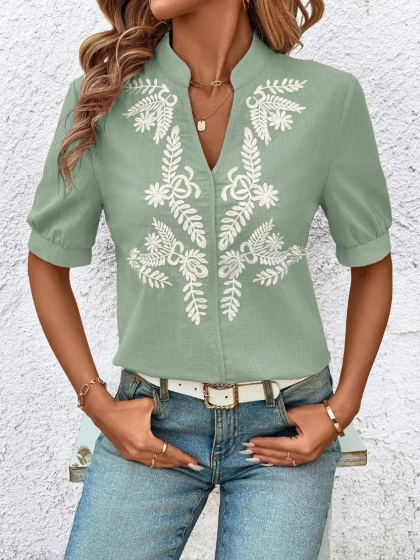 Embroidered Notched Short Sleeve Blouse 