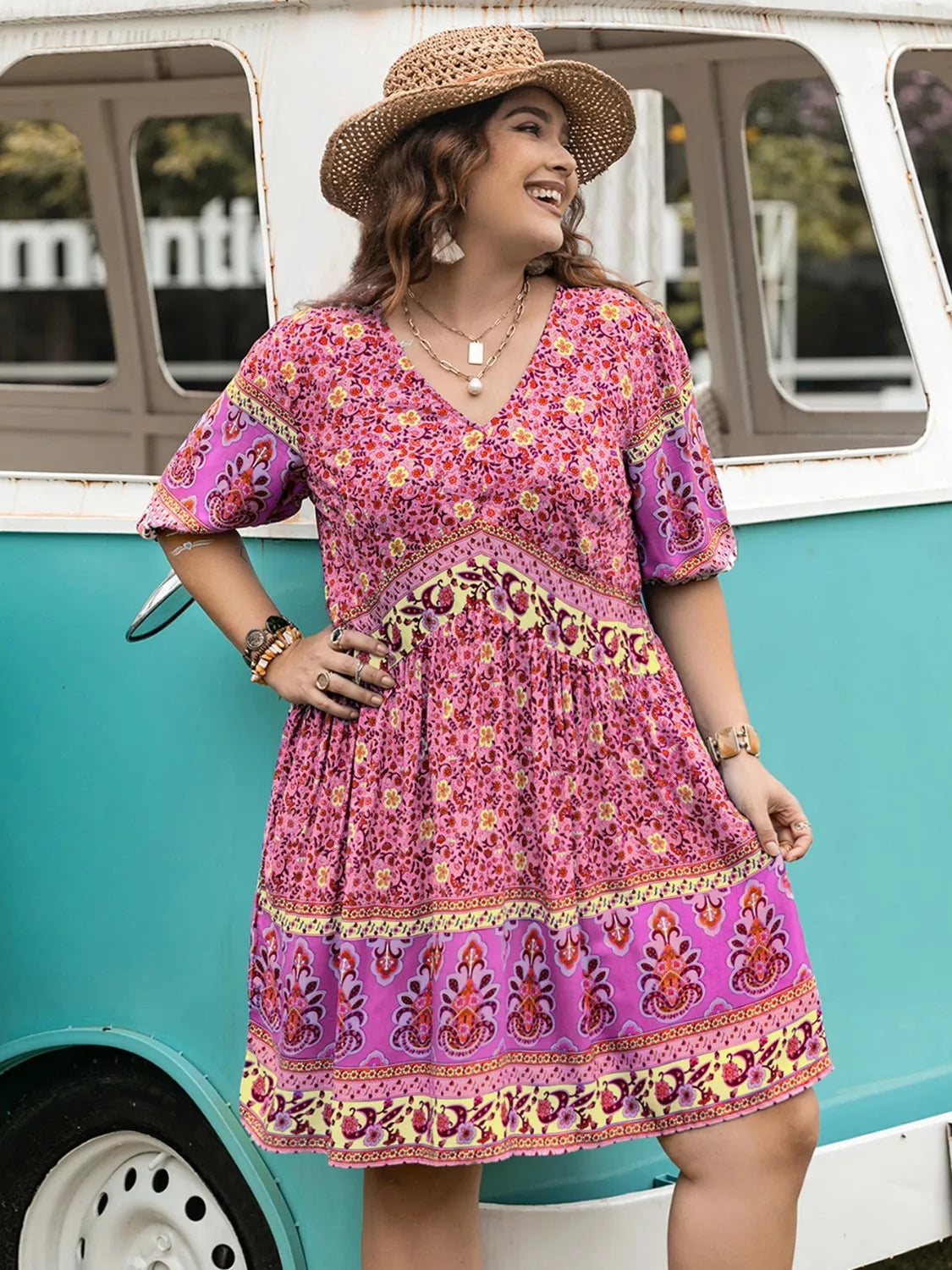 Plus Size Floral V-Neck Mini Dress 