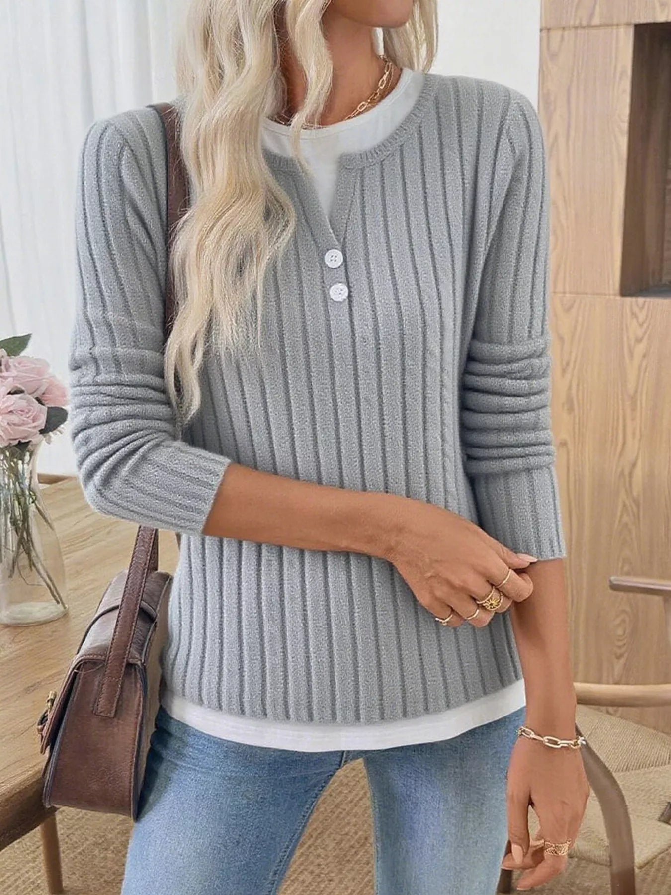 Ribbed Knit Button Detail Contrast Sweater 
