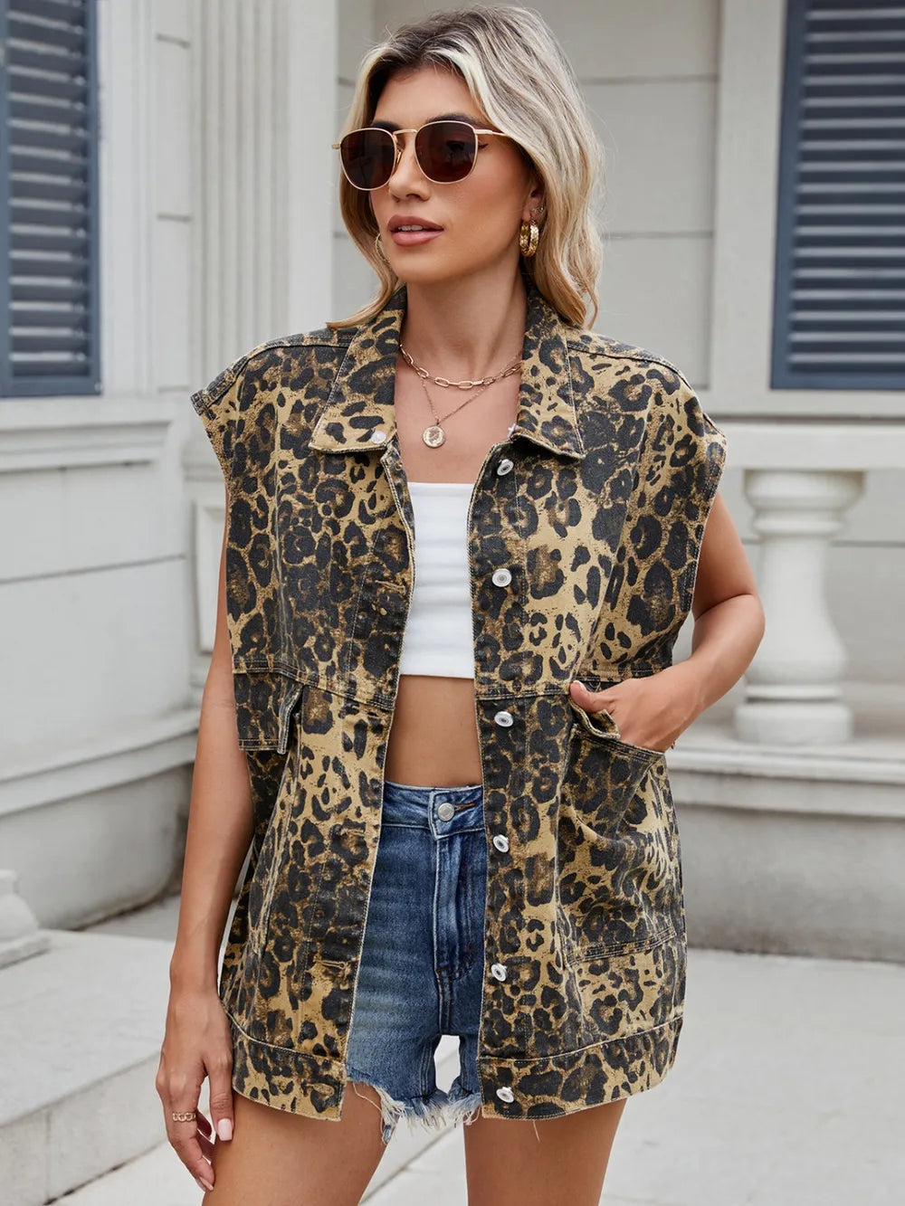 Leopard Buttton Up Denim Vest 