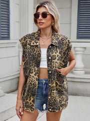 Leopard Buttton Up Denim Vest 