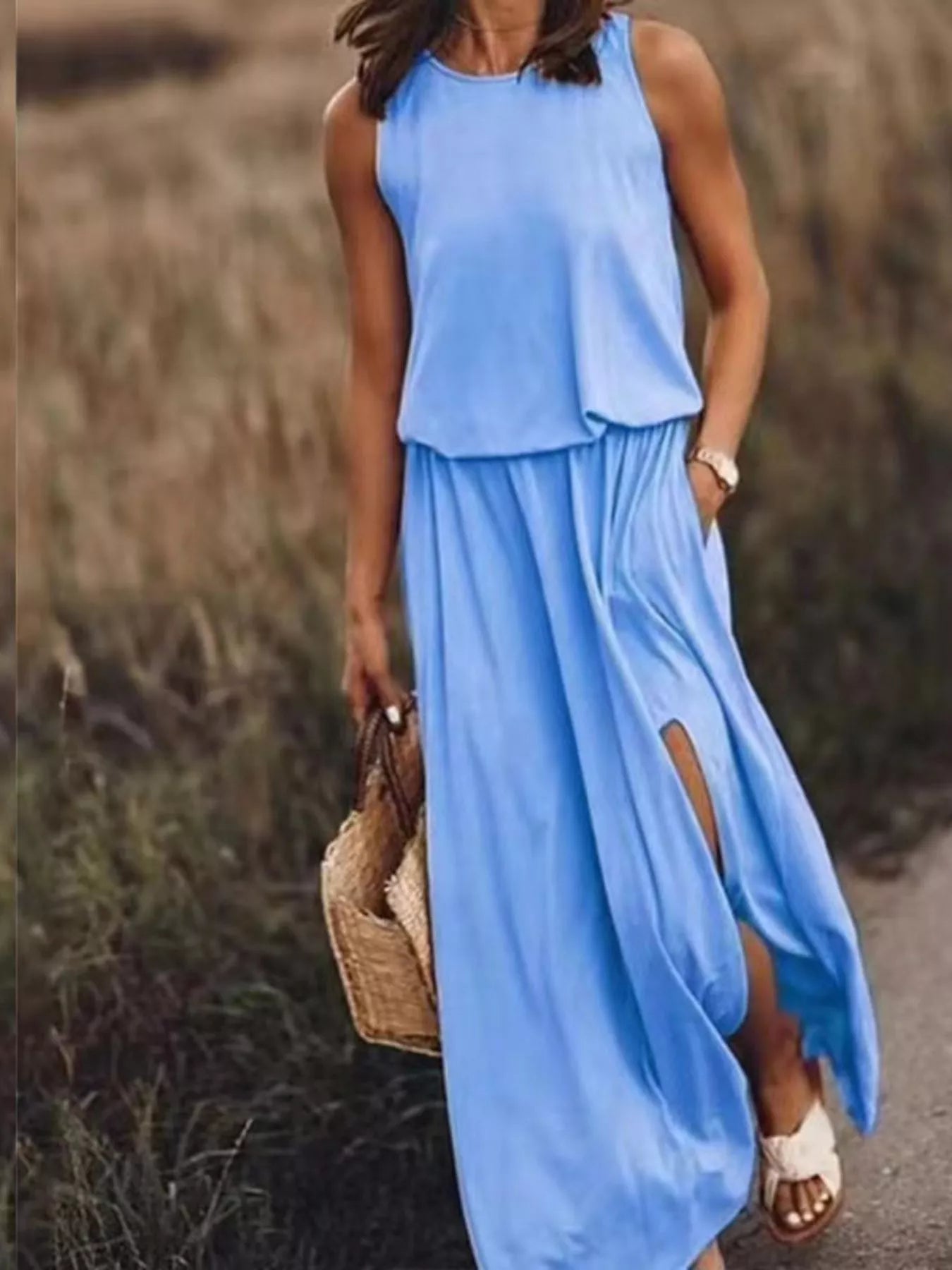 Full Size Round Neck Sleeveless Slit Maxi Dress Plus Size 