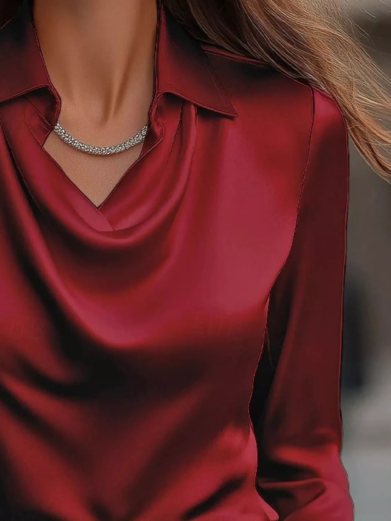 Ruched Long Sleeve Drape Collar Blouse 