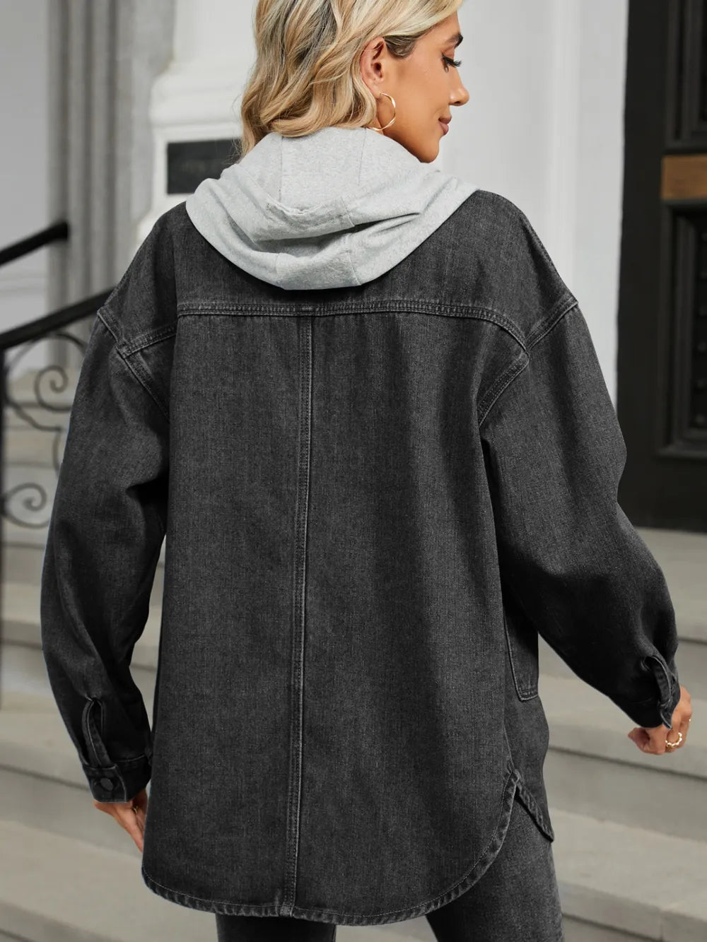 Removable Hood Button Up Long Sleeve Denim Jacket 